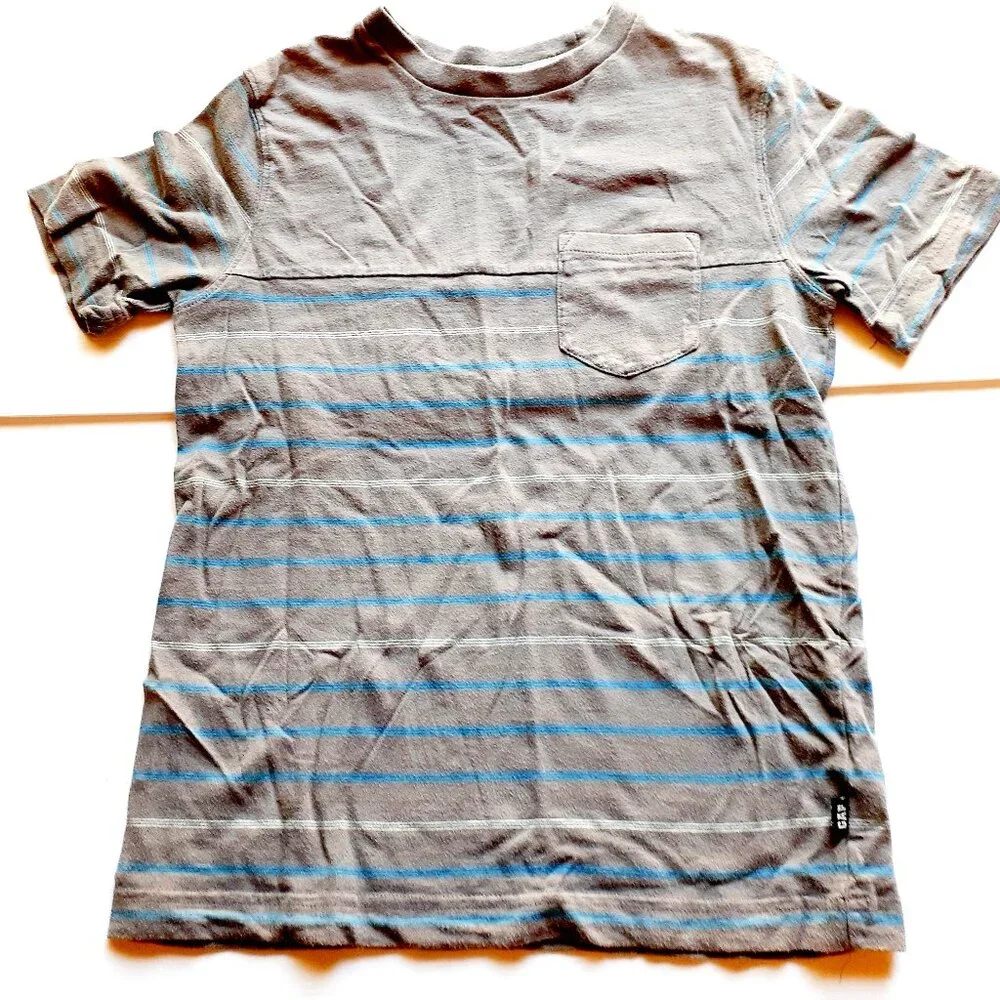 Gap Boys T-Shirt Gray Blue Stripe Pocket Short Sleeve Large 10